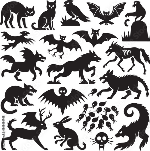 collection of black silhouettes of various Halloween creatures and animals