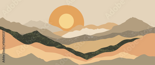 Modern boho mountain landscape hand drawn vector with double sun and orange hills for valentine wedding invitation nature aesthetic wall art illustration