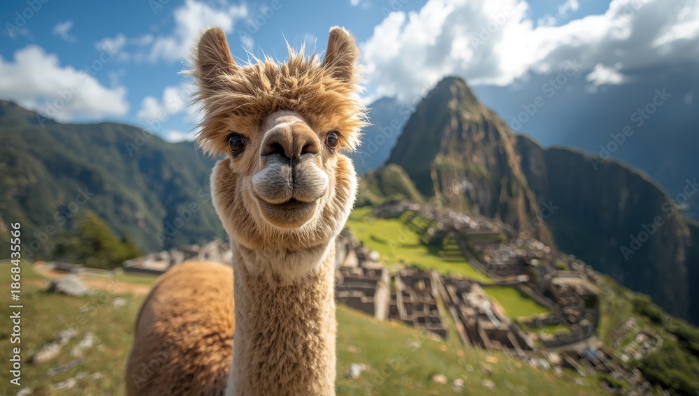 Obraz premium Llama on a mountain in Machu Picchu, Peru