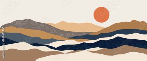 Abstract boho mountain landscape hand drawn vector with navy blue and orange hills for valentine seasonal decor nature poster design aesthetic wall art print
