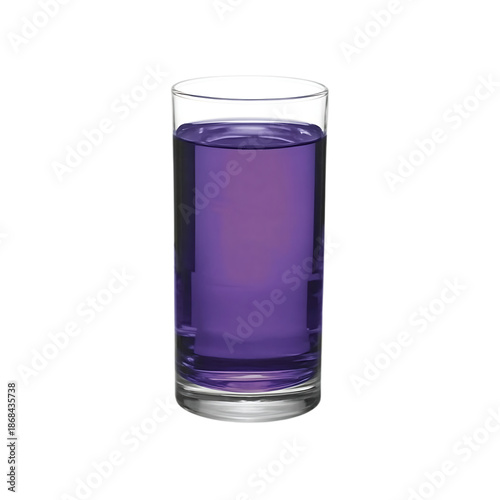 A tall cylindrical glass filled with a vibrant purple liquid on transparent background
