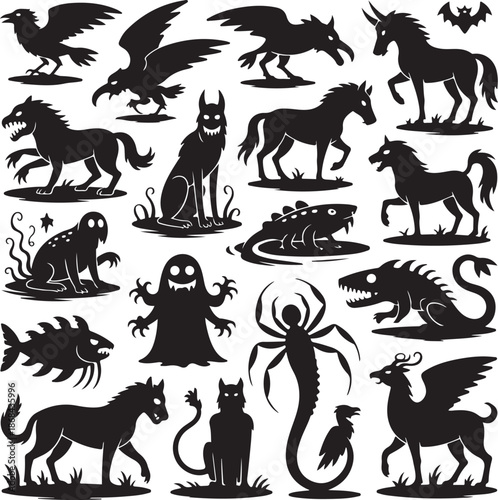 Collection of various mythical creature silhouettes on white background