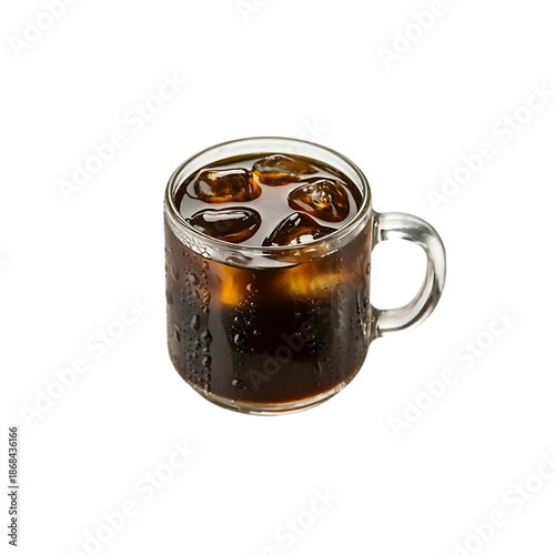 A clear glass mug filled with iced coffee and ice cubes on transparent background