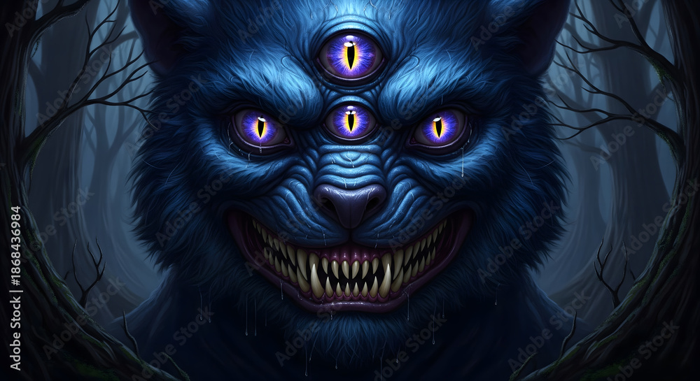 Naklejka premium Four Eyed Blue Beast with a Sinister Smile