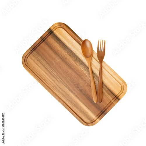 A rectangular wooden serving board on transparent background