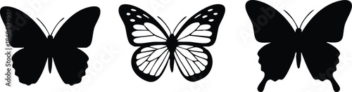 Black Butterfly Silhouettes Set, Monochrome Butterfly Graphic Collection, Trio of Butterfly Icons, Minimalist Butterfly Wing Illustrations, illustration, vector