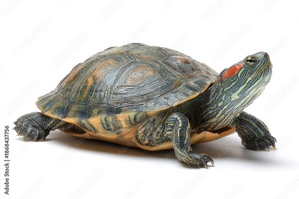 Obraz premium Pet turtle red-eared slider(Trachemys scripta elegans) isolated on white background 