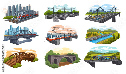 Urban and rural cartoon bridge collection with railway and tram spans isolated on transparent background