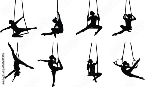 Aerial silhouettes of women performing acrobatic poses