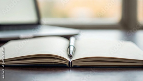 Open Notebook with Pen on Table Next to Laptop for Creative Work