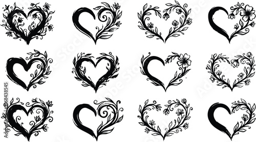 Set of 12 Floral Heart Illustrations Hand Drawn Black and White Heart Shapes with Flowers and Leaves