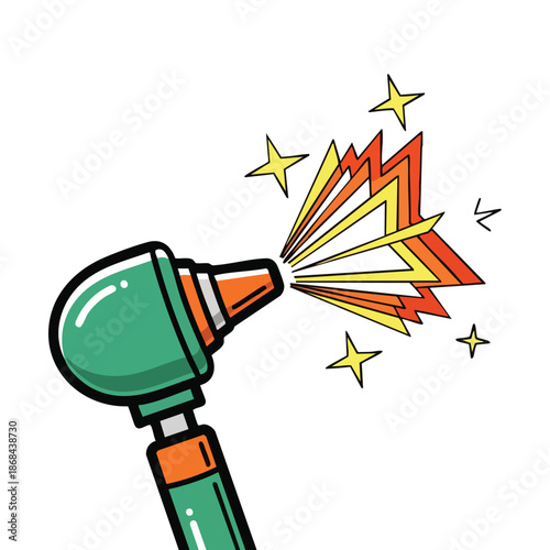 Cartoon otoscope emitting bright yellow and orange light and stars, medical equipment for ear examination
