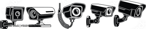 Black and white of various security cameras surveillance monitoring devices CCTV