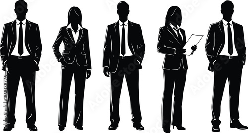 Business professional silhouettes standing confidently, men women executives holding documents, corporate office team isolated, black white vector illustration set
