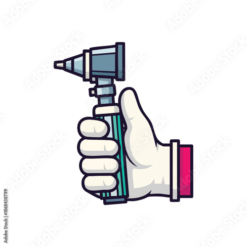 Hand in glove holding an otoscope for ear examination, medical instrument illustration