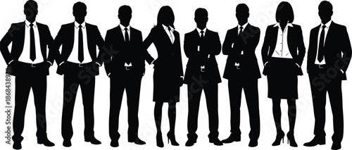 Business team silhouettes standing confidently, professional men women executives in formal suits, corporate office workforce isolated, black vector illustration set