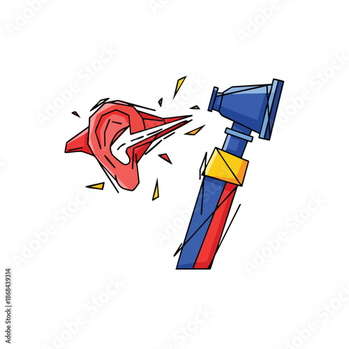 Illustration of an otoscope examining a red ear, symbolizing hearing health and medical examination