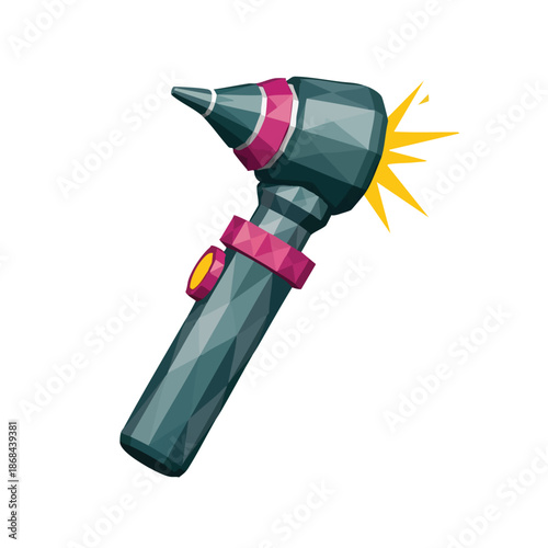 Stylized illustration of a modern otoscope with a bright yellow light beam emitting from the tip on a white background