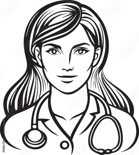 Vector illustration of a glamorous woman with stylish hair and beautiful eyes in a black line art sketch style for fashion and beauty design