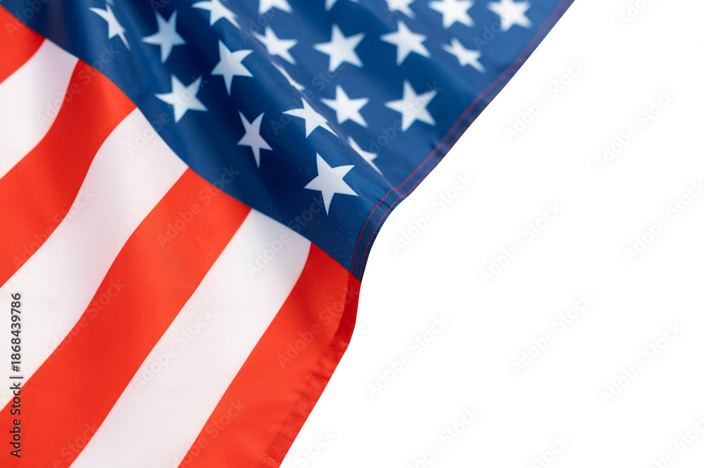 Obraz premium American flag fabric USA showing stars and stripes isolated on transparent background, representing national identity, democracy, celebration copy space