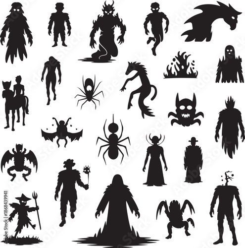 Halloween icons with various monsters and creepy creatures on white background