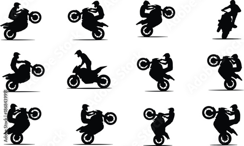 Black silhouettes of motorcyclists performing stunts on white background motorbike
