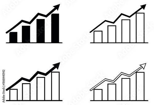 Graphic growth chart icon set featuring ascending bar graphs with arrows for business and finance analysis