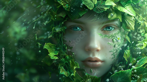 Enchanted forest fairy portrait with green leaves, mystical young woman with glowing eyes