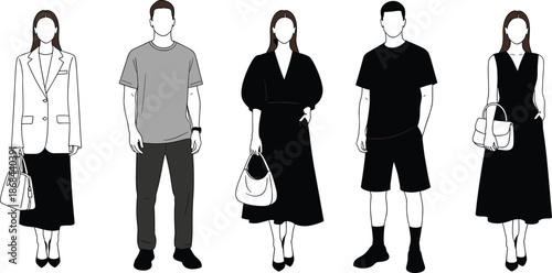 Modern casual fashion people illustration set, stylish men women outfits, flat vector characters, minimal urban clothing collection, lifestyle design concept