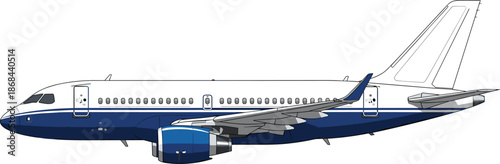 Blue and white airplane with gray wings and engines on white background aircraft