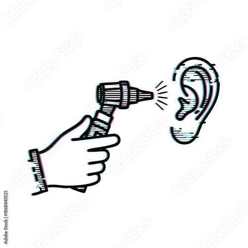 A hand holds an otoscope examining a human ear, depicted in black and white line art with a digital glitch effect, symbolizing healthcare.
