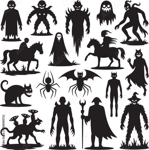 Halloween silhouettes of monsters and creatures for design