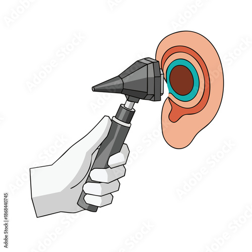 Doctor's hand holding an otoscope to examine the inner structure of a human ear, illustrating a medical checkup.