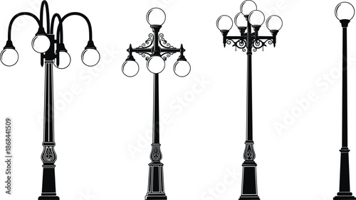Vintage street lamp silhouettes collection, decorative outdoor lighting poles, classic urban lantern design black vector illustration isolated on white background