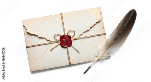 A vintage letter with a red wax seal and a quill pen on a white background.
