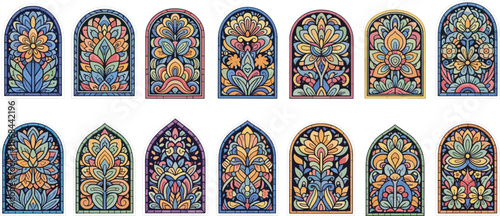Colorful stained glass window stickers with floral colorful arched windows decorative