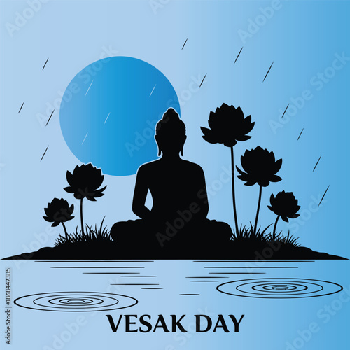 Buddha silhouette meditating on island with lotus flowers and full moon background  Vesak Day celebration