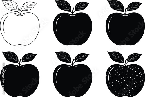 Six black and white apple illustrations