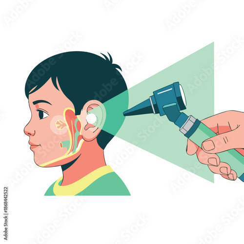 A doctor examines a child's ear canal with an otoscope, illustrating a medical checkup for hearing health.