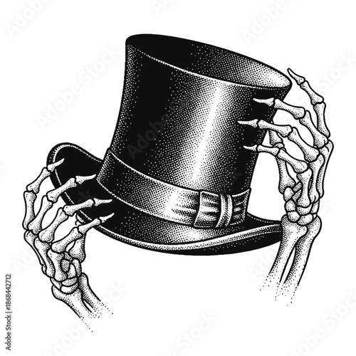 skeleton hands holding a black top hat gothic halftone style illustration