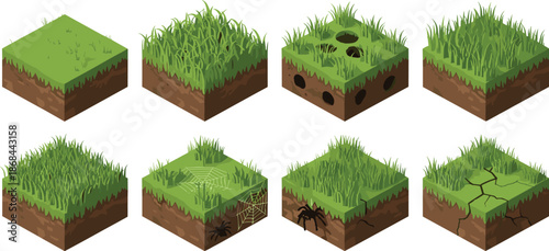 Grassy soil blocks with various textures and dirt ground