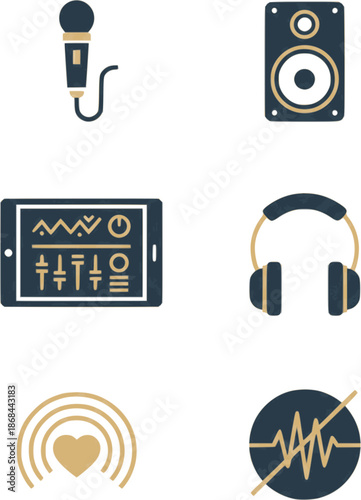 Professional wedding audio-visual icons. Flat vector set featuring microphones, speakers, and tablet mixers. High-quality gold and charcoal graphics on white background.
