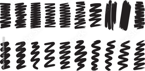 Collection of various black squiggly lines and strokes on white background for design and artistic use