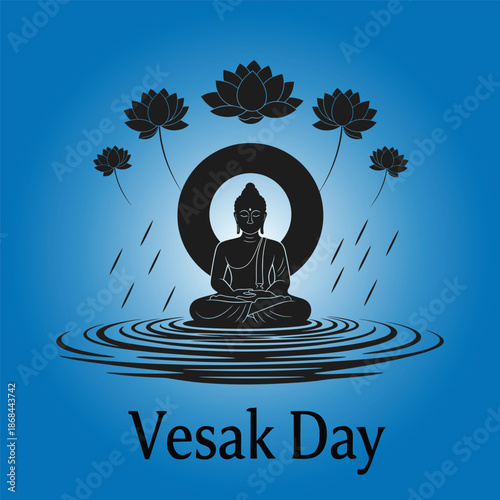 Buddha sitting on water with lotus flowers and rain on blue background Vesak Day