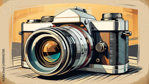 Very beautiful black and white hand drawn DSLR camera illustration, featuring detailed sketch lines and artistic texture, ideal for photography concepts, editorial design, and creative visual storytel