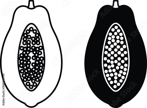 Black and white illustration of two guava fruits cut in half
