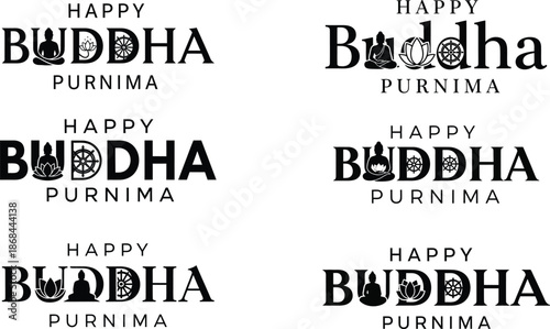 Happy Buddha Purnima festival celebration greeting card design with buddha and lotus wheel symbols