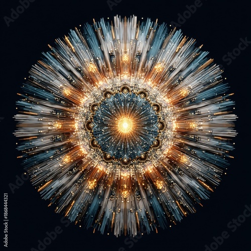 Abstract Fractal Mandala Burst Glowing Golden Center with Blue and White Particles
