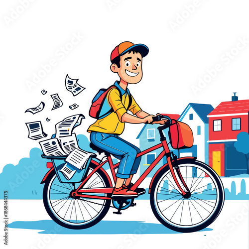 Vsai boy delivering newspapers by bicycle