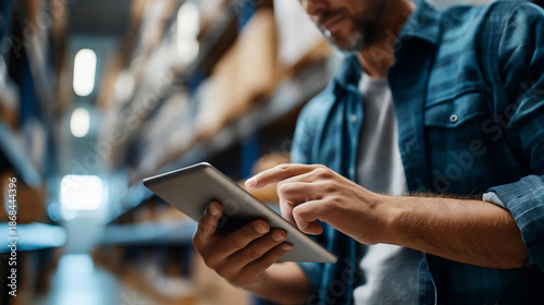 Faceless warehouse manager using digital tablet checking inventory, logistics professional with mobile technology, storage facility supervisor monitoring stock, defocused person with device,